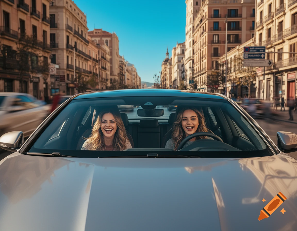 Two smiling women in a car driving through a sunny city street lined with historic buildings.