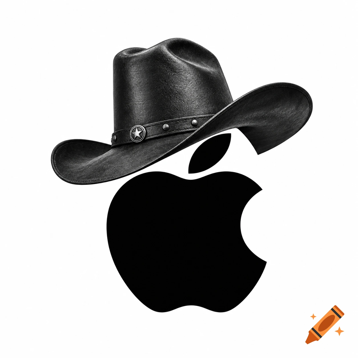 A black Apple logo wearing a black leather cowboy hat with a star buckle, depicted in black and white against a white background.