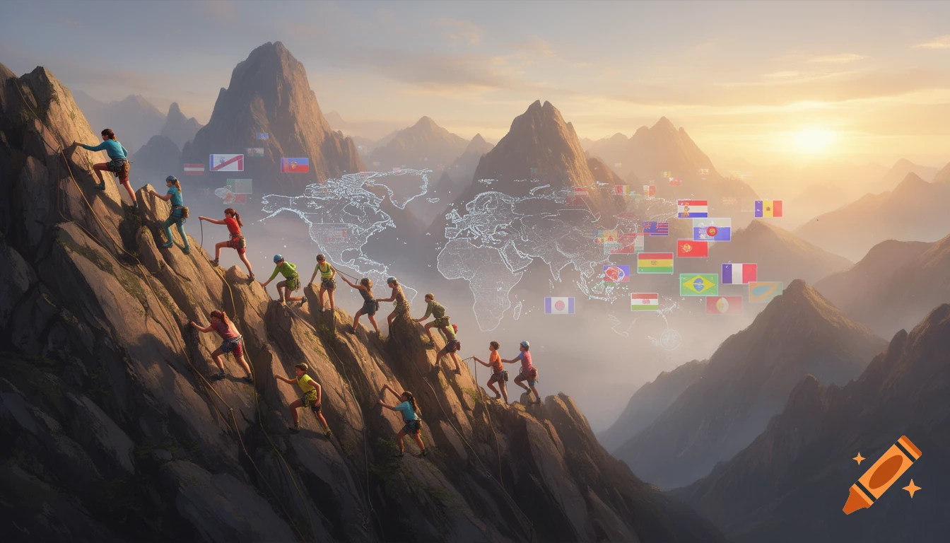 A diverse group of climbers ascends a mountain ridge at sunrise, with a holographic world map and national flags floating in the misty background, in a semi-realistic concept art style.