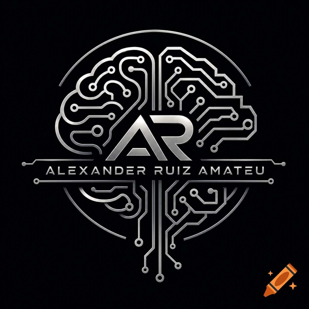 A metallic silver logo on a black background features a stylized brain made of circuit board lines. The letters "AR" are centrally placed, with "ALEXANDER RUIZ AMATEU" below.