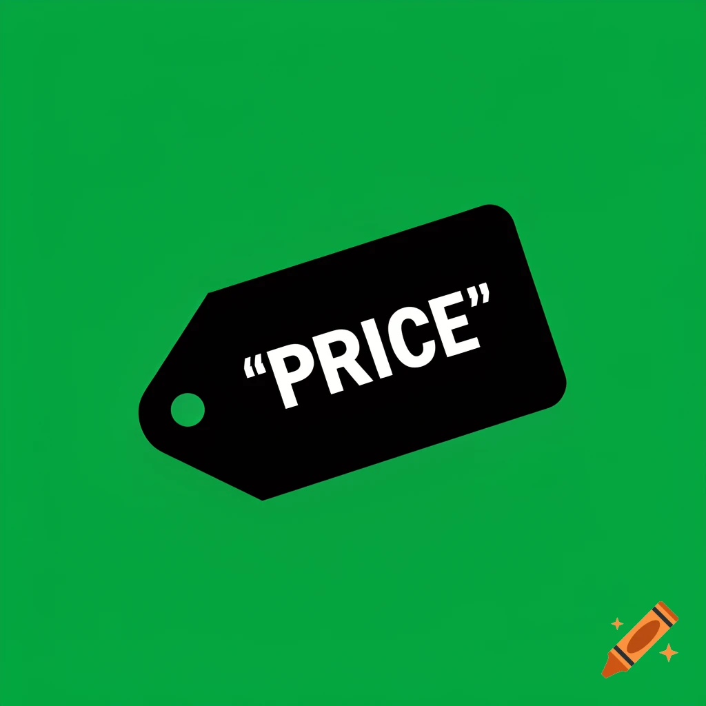 A black price tag with the word "PRICE" in white text, set against a solid green background.