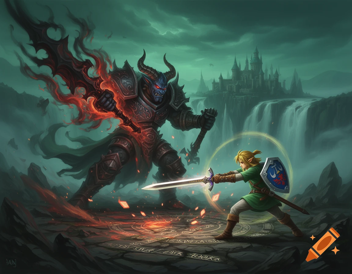 Link and Ganon battle with swords in a dark fantasy landscape with a castle and waterfalls.