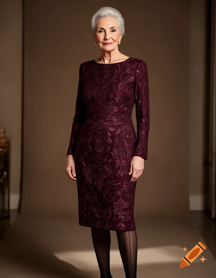Photorealistic portrait of an older woman with grey hair, wearing an elegant burgundy embroidered dress and black seamed stockings.