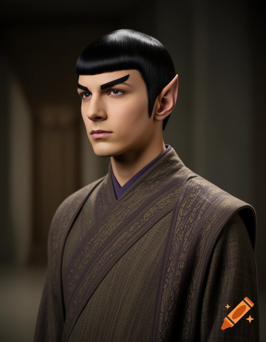 Photorealistic portrait of a young Vulcan man with black hair, pointed ears, and a brown robe.