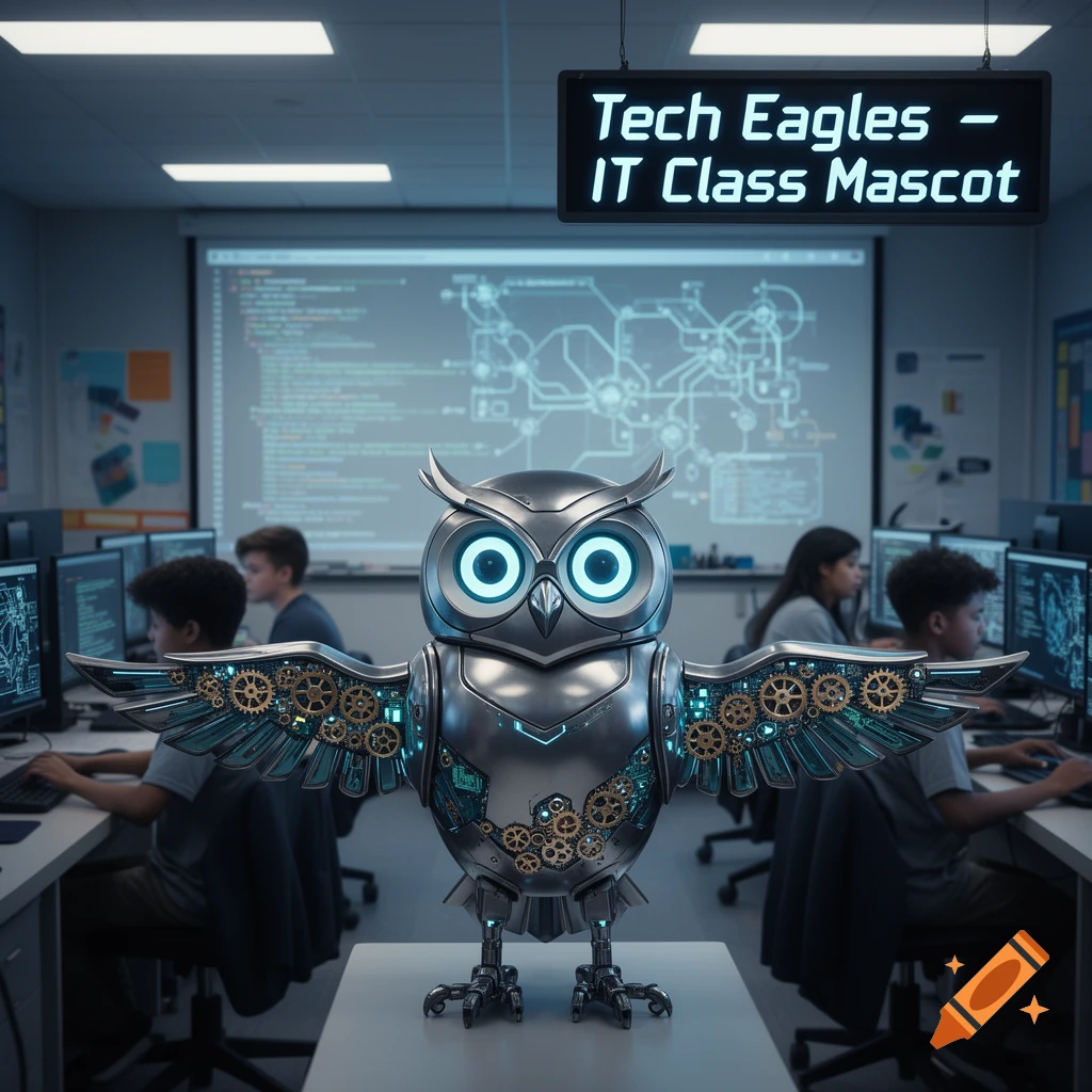 A metallic robotic owl with glowing blue eyes stands on a table in an IT classroom, with students and a sign above.