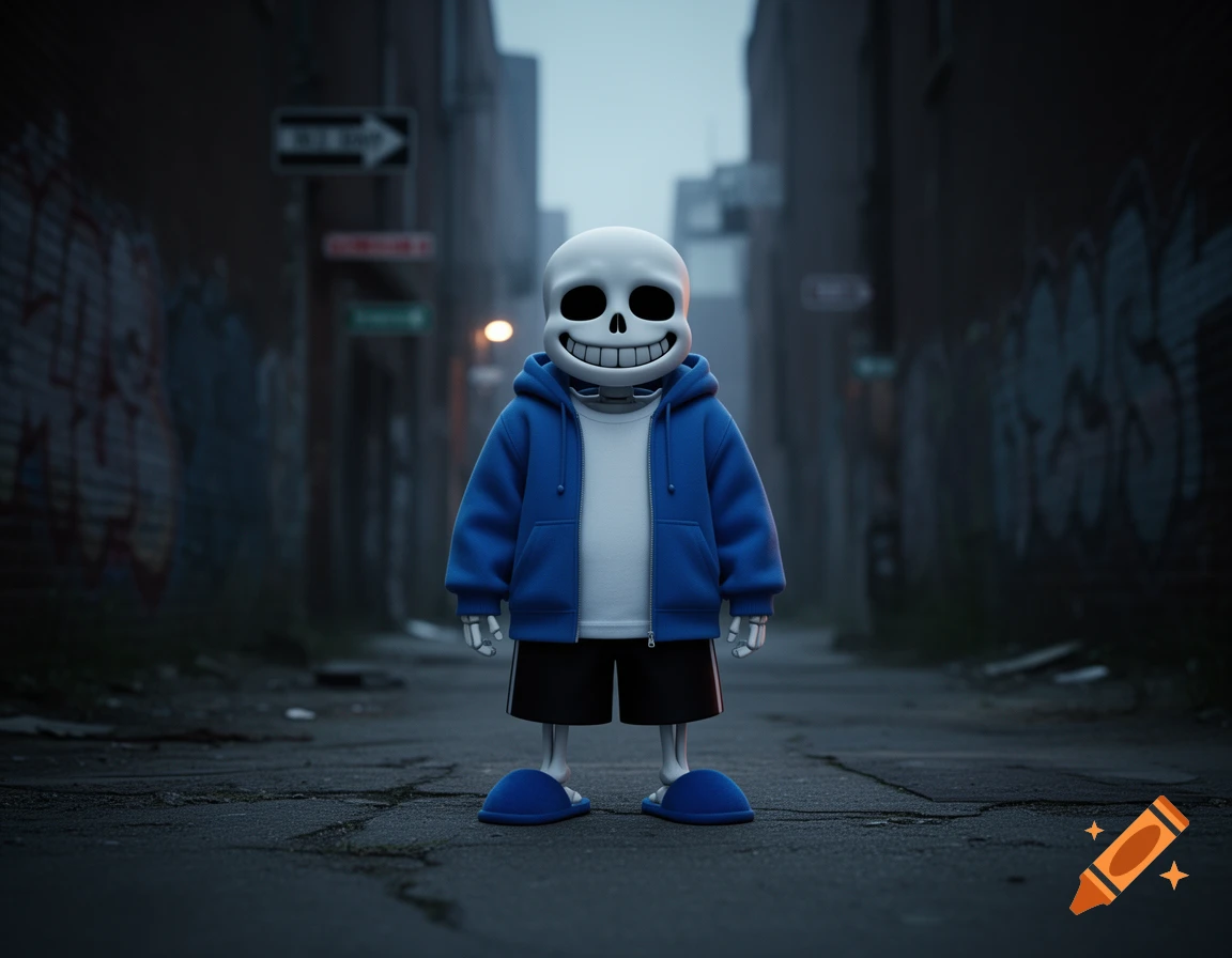 A 3D render of Sans from Undertale standing in a dark, gritty urban alley with graffiti.