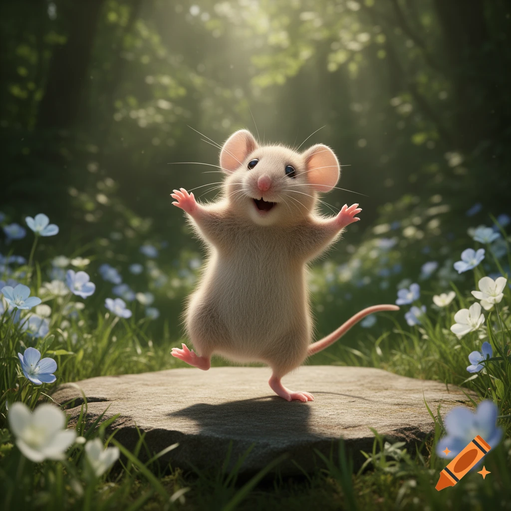 A happy, animated mouse with outstretched arms dances on a forest rock, surrounded by flowers in sunlight.