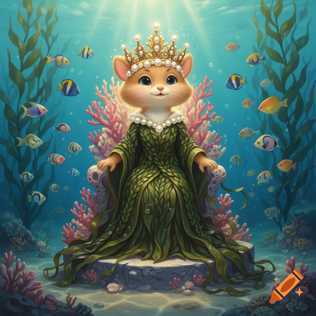 A cute cartoon hamster queen wearing a pearl crown and seaweed dress sits on an underwater throne, surrounded by colorful fish and coral.
