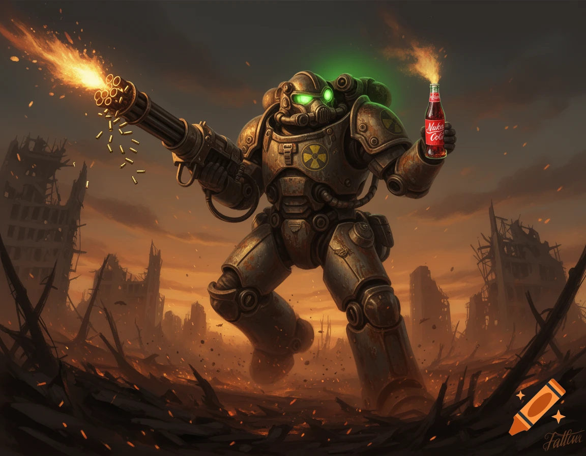 A Fallout T-60 Power Armor warrior firing a minigun, holding a Nuka-Cola bottle, stands in a destroyed city at sunset.