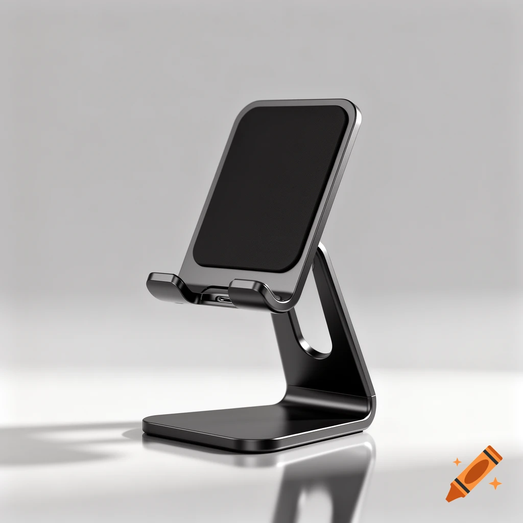 Sleek black phone stand with a minimalist design on a reflective white surface against a light gray background.