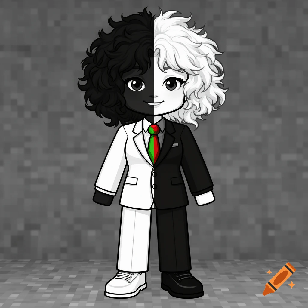 A stylized cartoon character with a face split down the middle, half black and half white, wearing a suit also split black and white, with a red and green tie, standing against a pixelated gray background.
