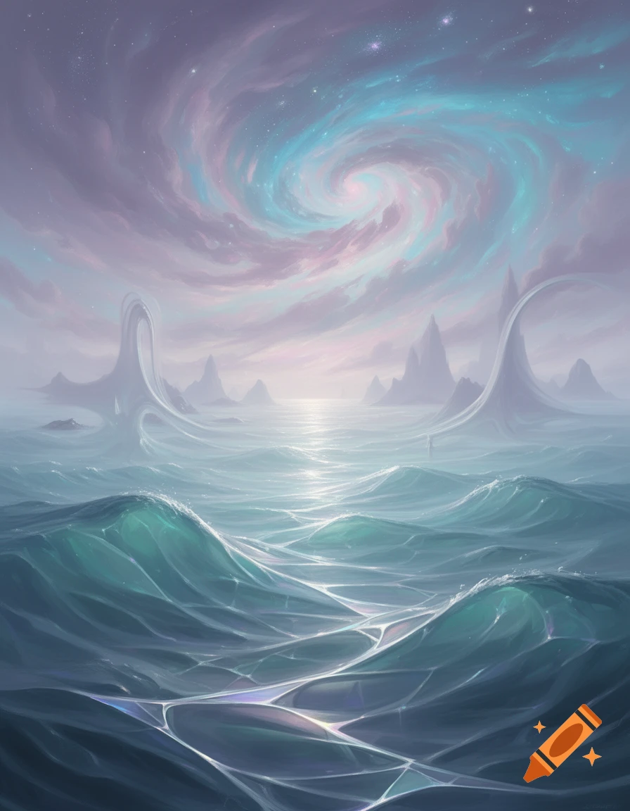 Ethereal fantasy seascape with tranquil turquoise waves, abstract mountains, and a swirling purple and blue celestial sky with stars.