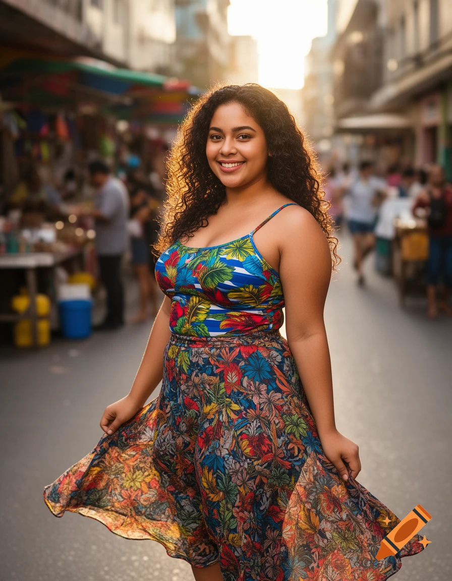 A smiling woman with dark curly hair in a colorful floral dress stands on a sunny street with blurred market stalls behind her.