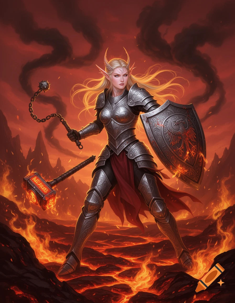 A female Eladrin elf paladin in silver armor, holding a flail and a shield, standing in a hellish landscape of lava and fire.