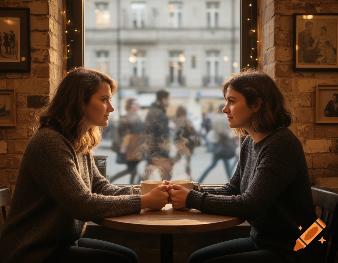 Two women sit at a cafe table, holding hands over steaming mugs, looking at each other, with a blurred city street outside.