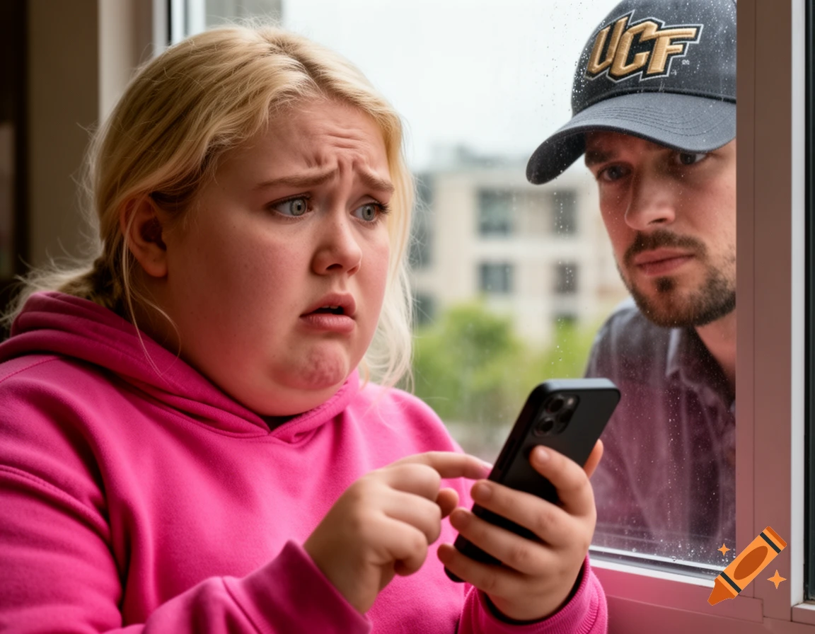 A scared young girl in a pink hoodie looks at her phone as a man in a UCF cap peers through a window behind her.