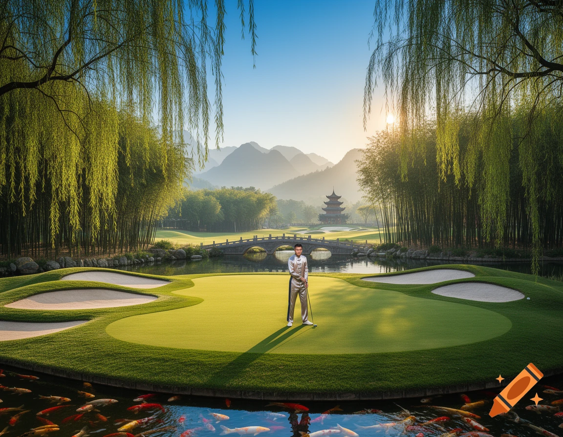 A man on a scenic East Asian golf course with willow trees, bamboo, a pagoda, a pond with koi fish, and misty mountains at sunrise.