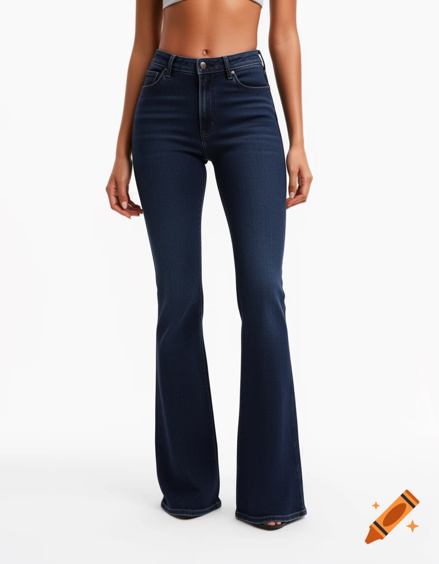 Waist down view of a female model in dark blue high-waist flare bootcut jeans on a clean white studio background.