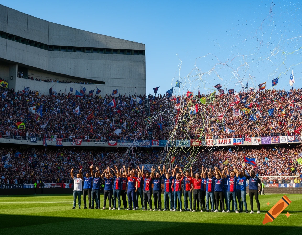 A team celebrates on a sunny green field in a packed stadium with cheering fans and confetti falling from above.