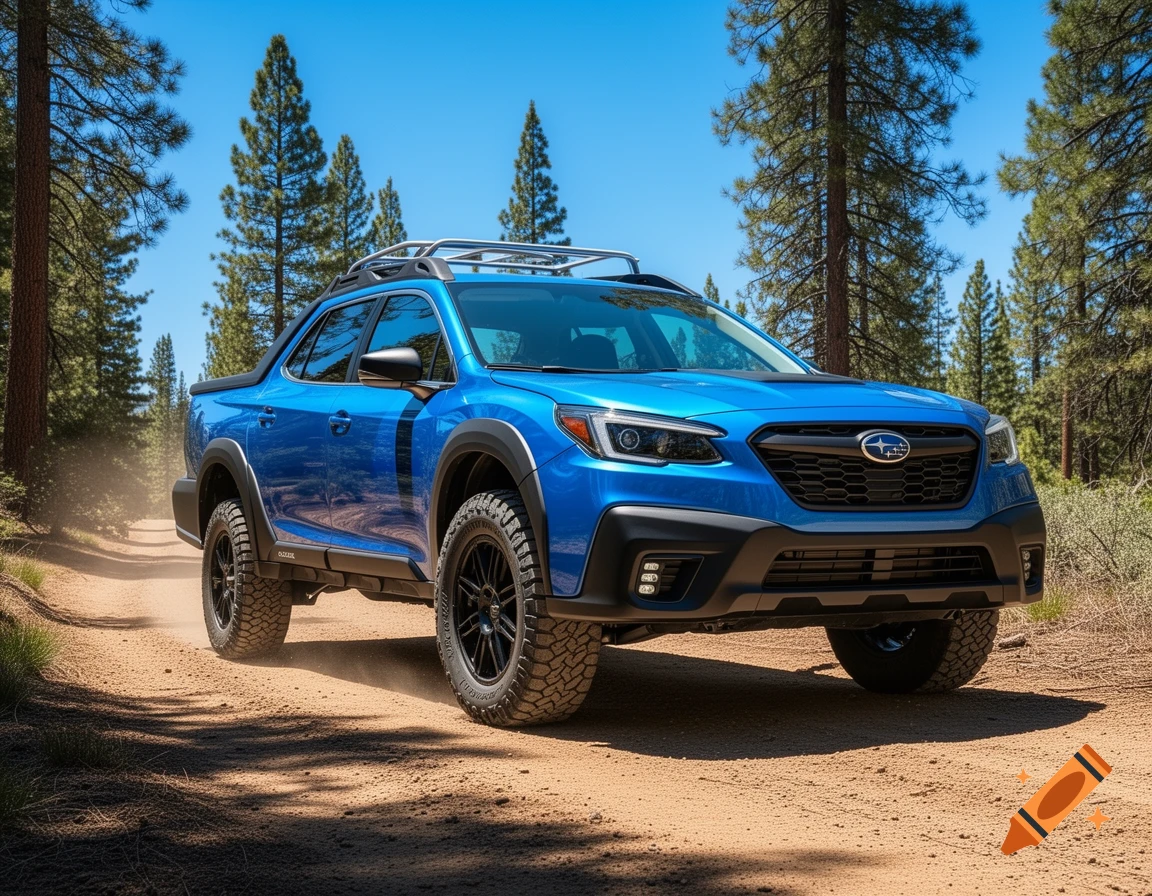 A blue Subaru-style pickup truck with a roof rack drives on a dusty dirt road through a pine forest under a clear sky.