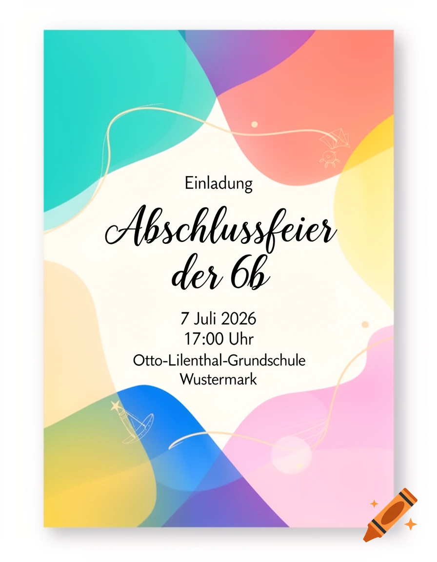 Modern, colorful invitation card for a school graduation party, with abstract shapes and event details.