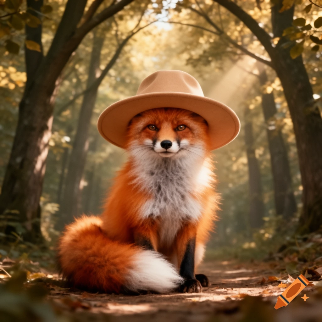 A photorealistic red fox wearing a beige wide-brimmed hat sits on a sunlit forest path with trees in the background.