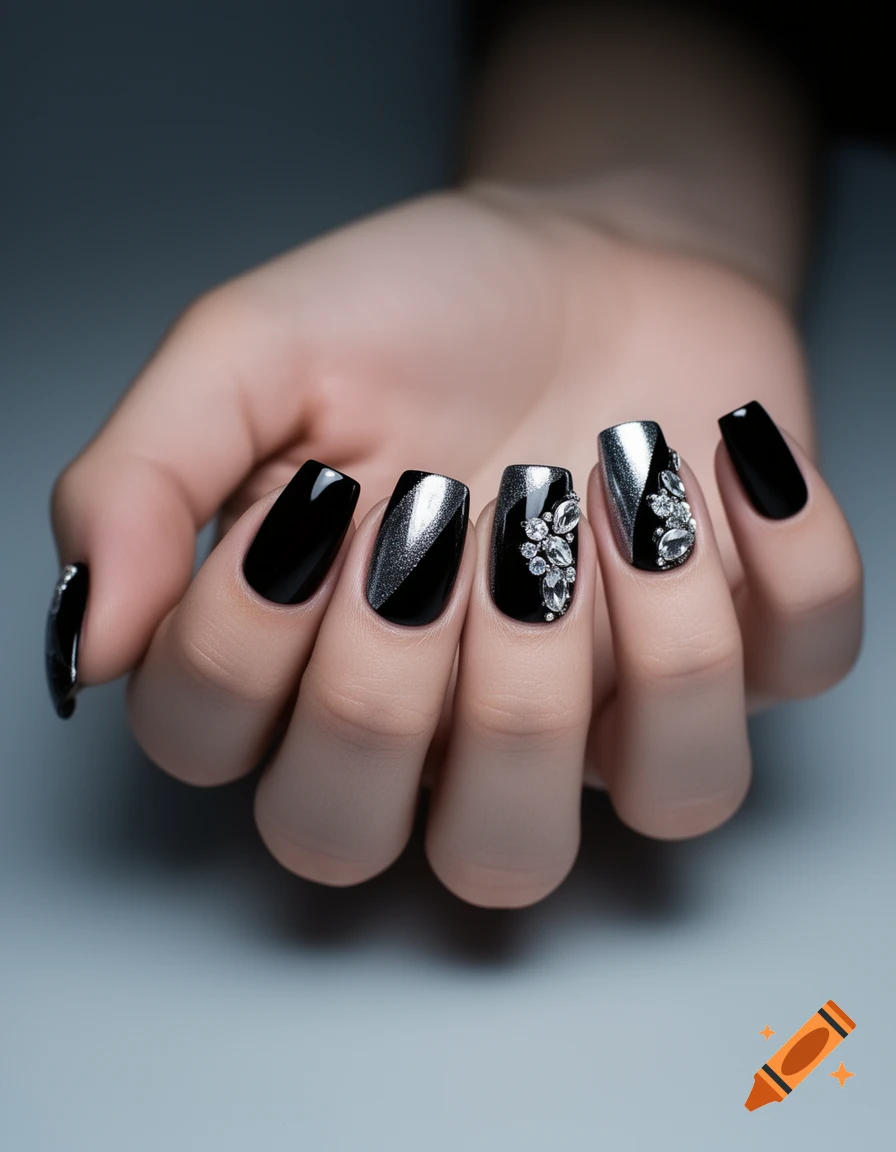 Close-up of a hand with glamorous jet black and silver nail art featuring gemstones.