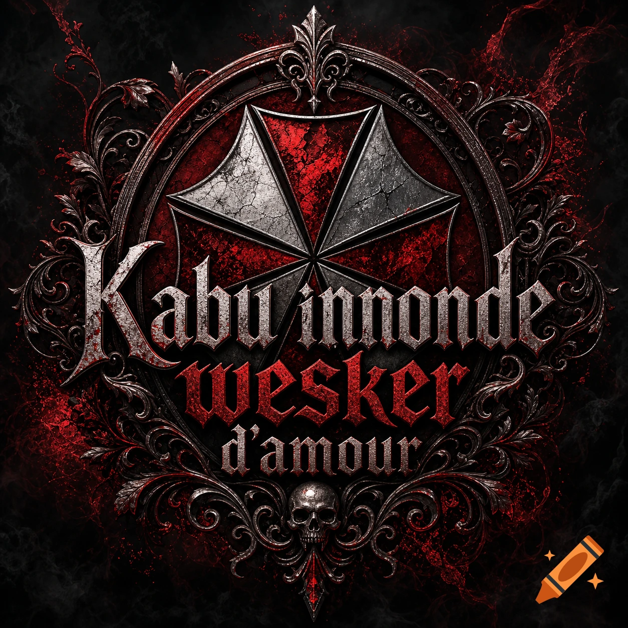 A dark gothic logo featuring a red and silver Umbrella Corporation symbol, intricate filigree, a skull, and the text 'Kabu innonde wesker d'amour' on a splattered background.