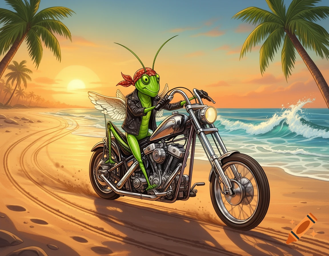 A cartoon grasshopper wearing a leather jacket and bandana rides a chrome chopper motorcycle on a sandy beach at sunset.