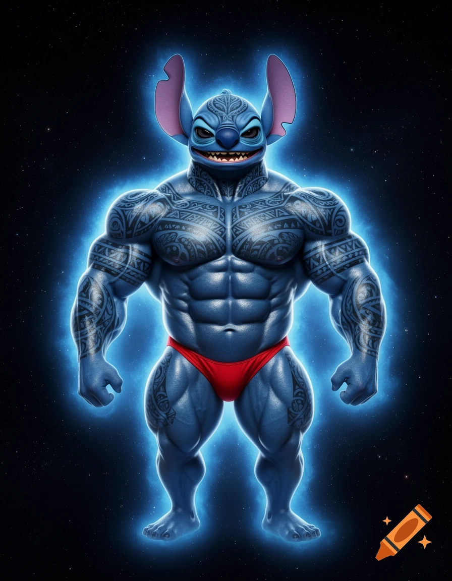 Hyper-realistic muscular Stitch from Lilo & Stitch, blue and heavily tattooed, wearing a red thong and glowing with a blue aura, floating in space.