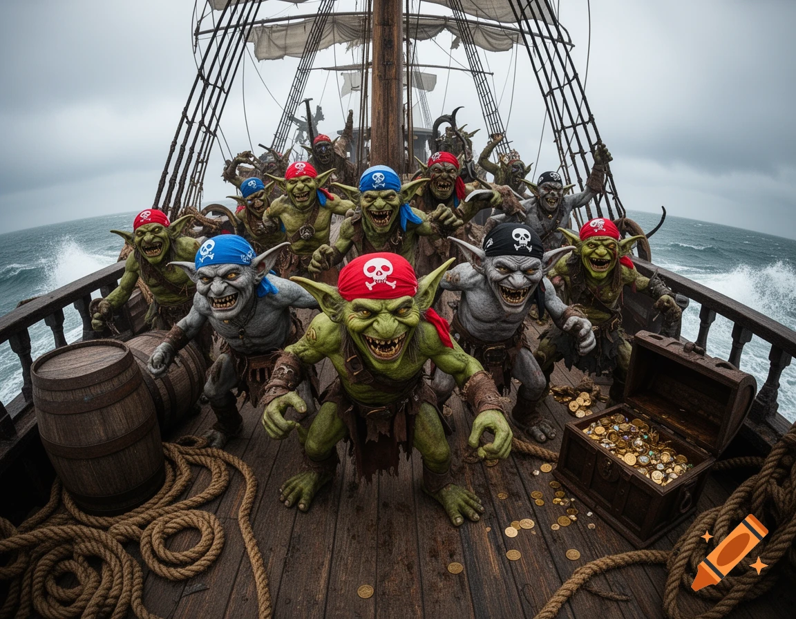 A gang of fierce green and grey goblins in colorful pirate bandanas on a wooden pirate ship deck with treasure, on a stormy sea.