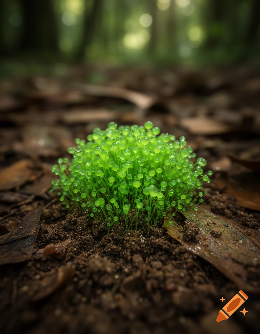 A close-up shot of small, bright green sprout-like plants covered in dew drops, growing out of dark soil on a forest floor.