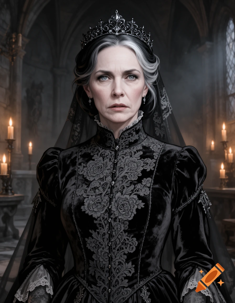 Regal woman in an elaborate black velvet medieval mourning dress and silver tiara, with gray eyes and silver-streaked hair, in a candlelit castle chamber.