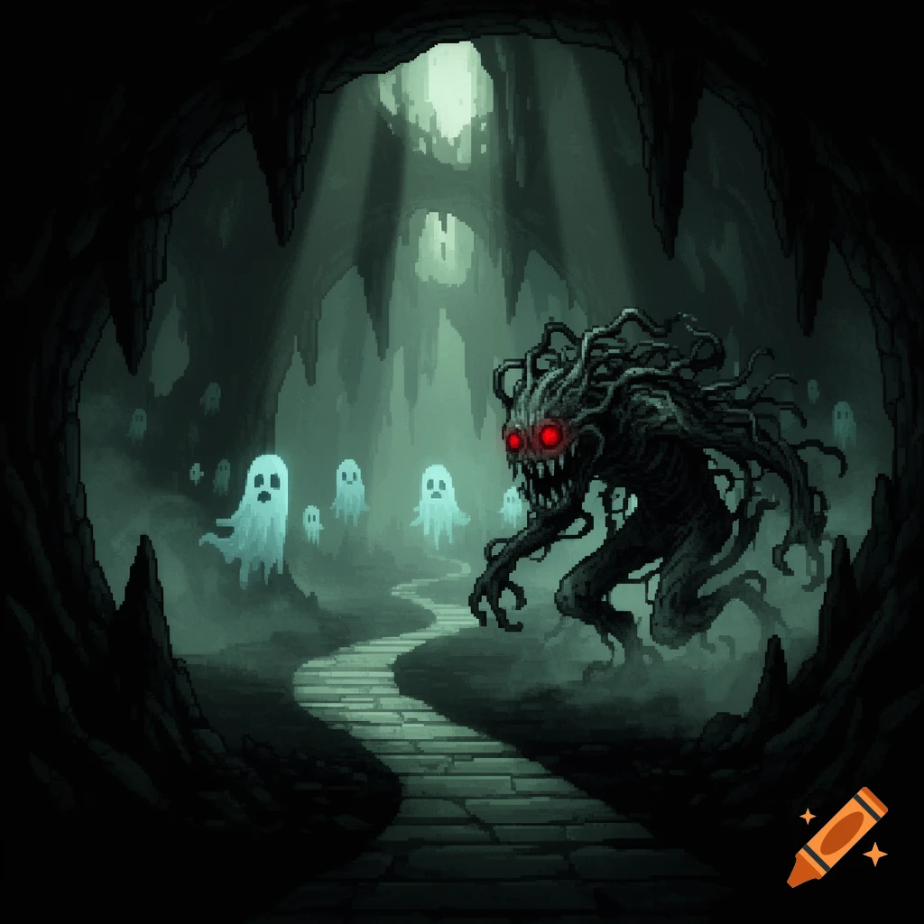 A pixel art scene of a dark, misty cave with a winding path, multiple white ghosts, and a large, gnarled monster with glowing red eyes.