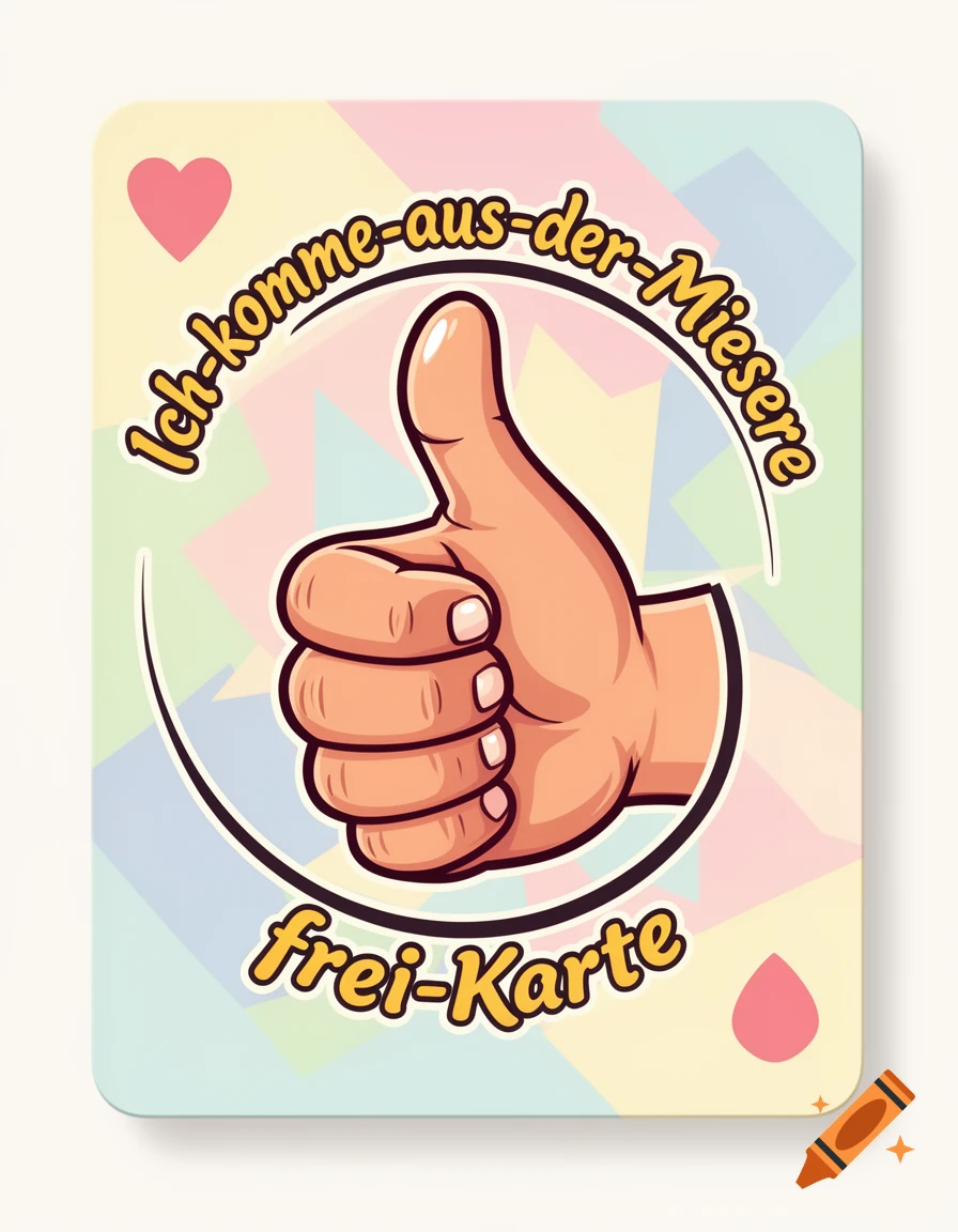 A cartoon playing card featuring a thumbs-up hand, with text 'Ich-komme-aus-der-Miesere frei-Karte' on a colorful geometric background.