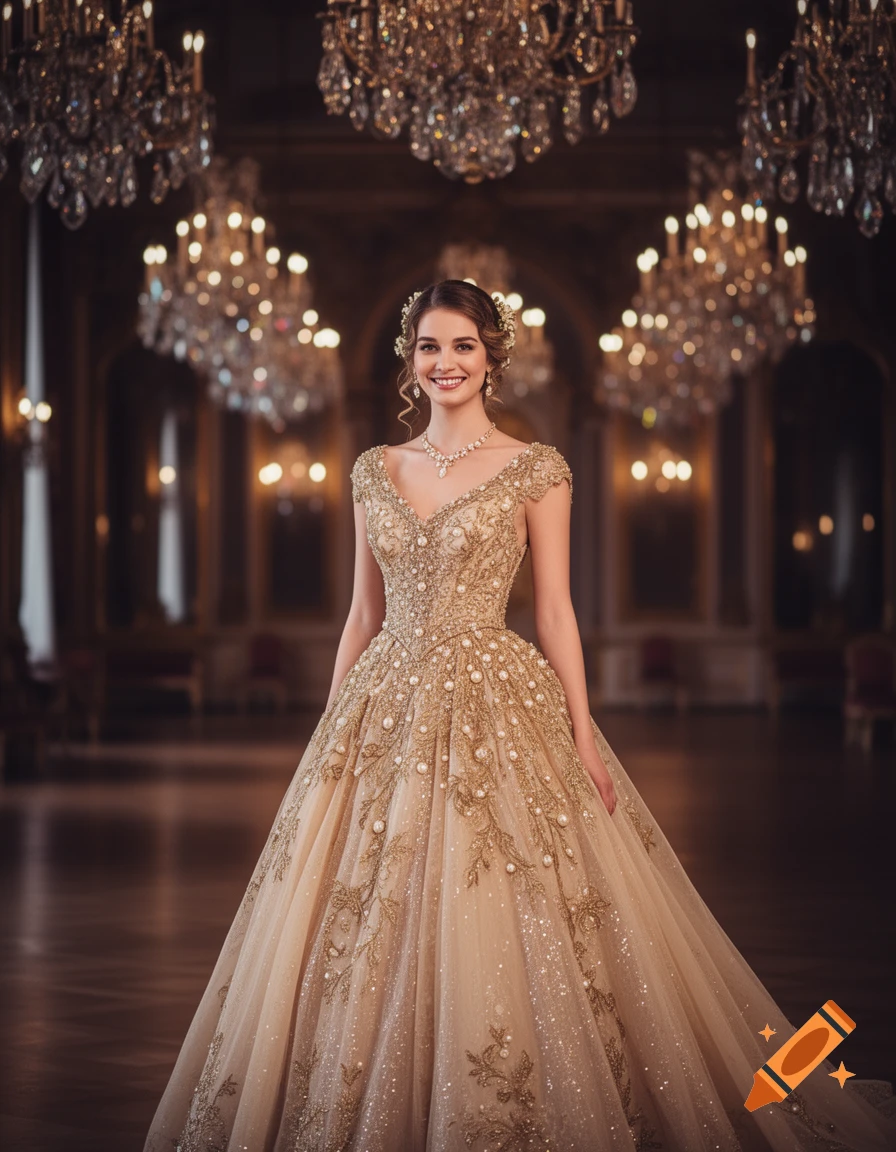 A young woman in a shimmering golden ball gown smiles in a luxurious ballroom filled with crystal chandeliers, photorealistic style.