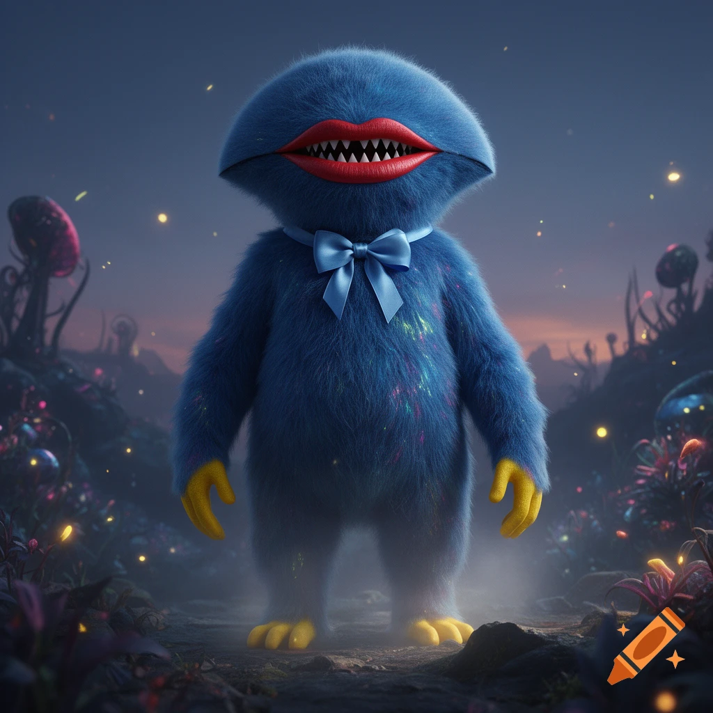 A fluffy blue creature with large red lips, sharp teeth, a blue bow, and yellow hands and feet stands in a magical, glowing alien landscape.