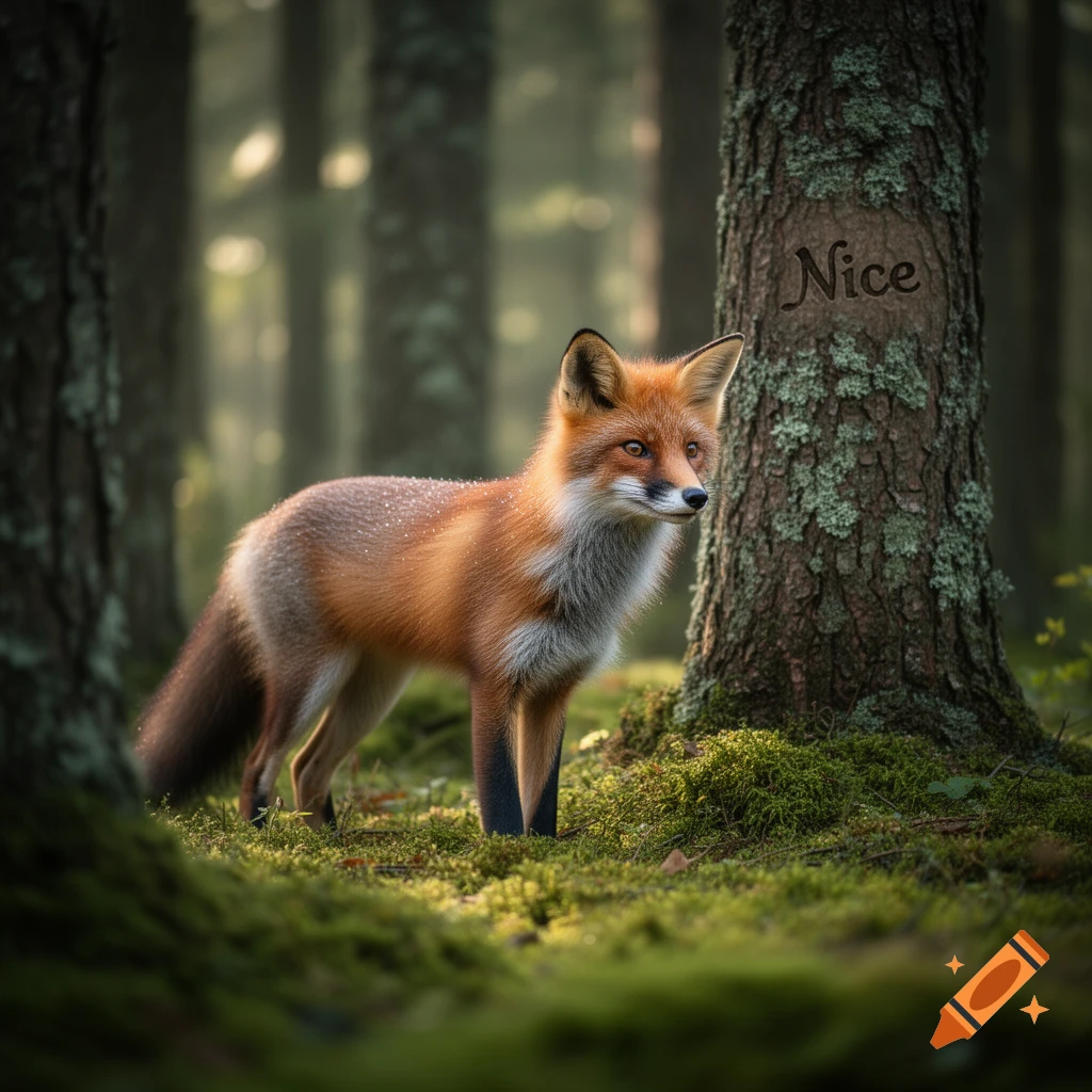A photorealistic red fox stands in a misty forest, looking right, with "Nice" carved into a tree trunk.