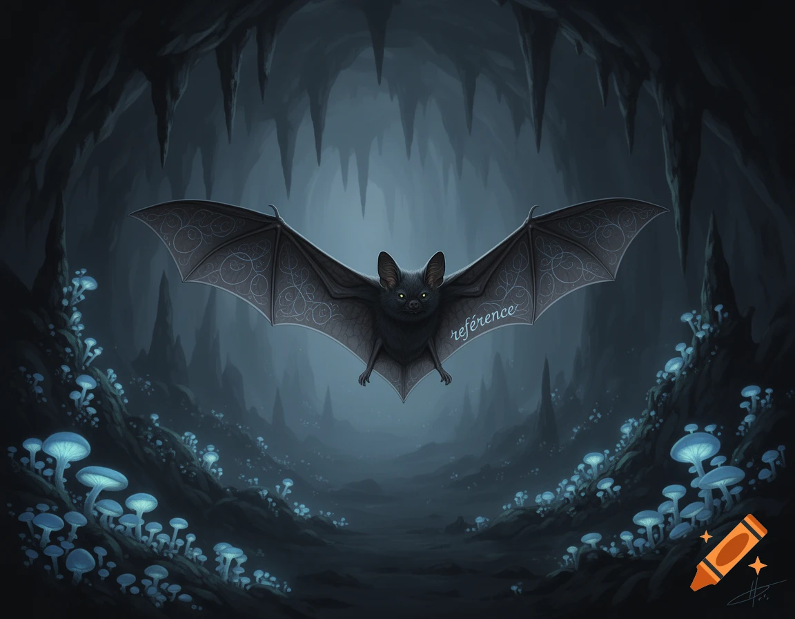 Dark bat with glowing eyes and patterned wings flying in a dark cave illuminated by glowing blue mushrooms, in a stylized art style.