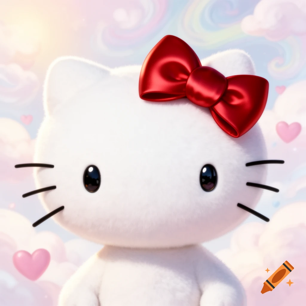 Fluffy white Hello Kitty with a shiny red bow against a pastel cloud background with pink hearts.