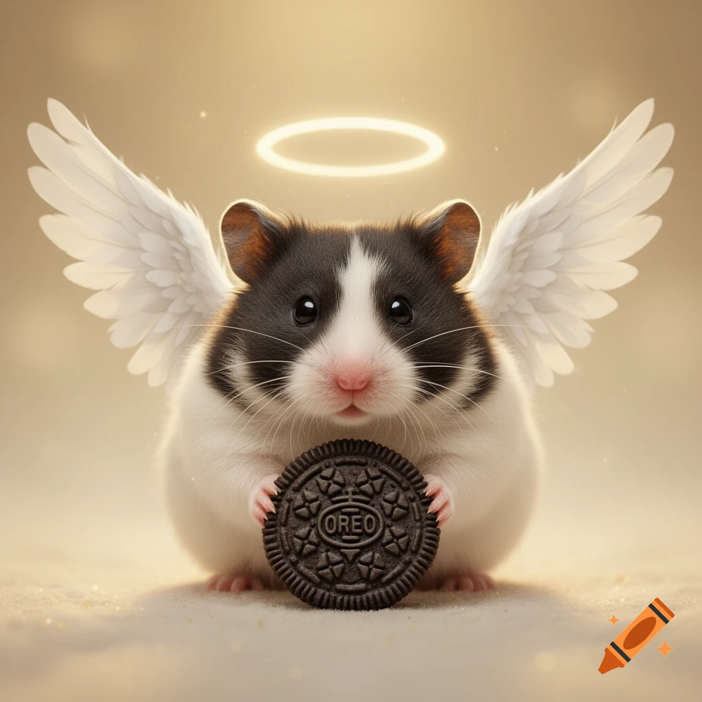 A cute black and white hamster with white wings and a glowing halo, holding an Oreo cookie.