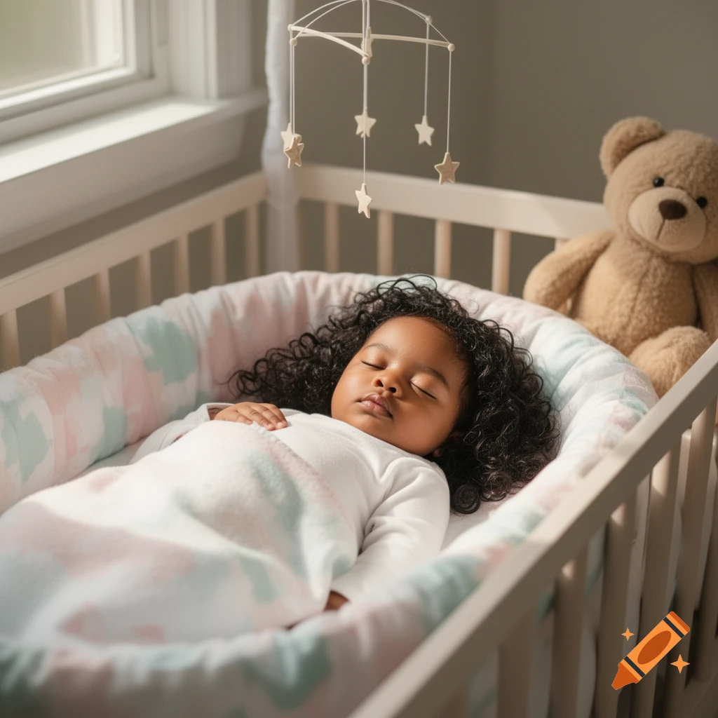 A brown-skinned baby with long black curly hair sleeps peacefully in a crib. A star mobile hangs above, and a teddy bear is in the background.