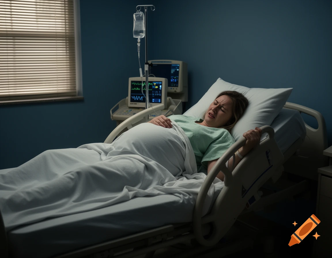 A pregnant woman lies in a hospital bed, grimacing in pain as she clutches the bed rail, with medical equipment visible.