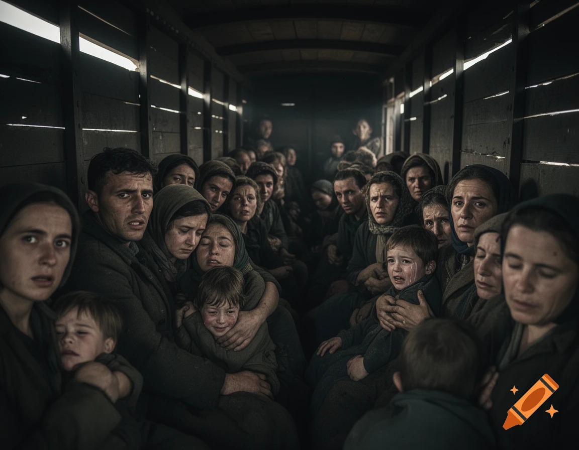 Distressed families, including crying children, packed tightly in a dark, crowded train car in a realistic historical style.