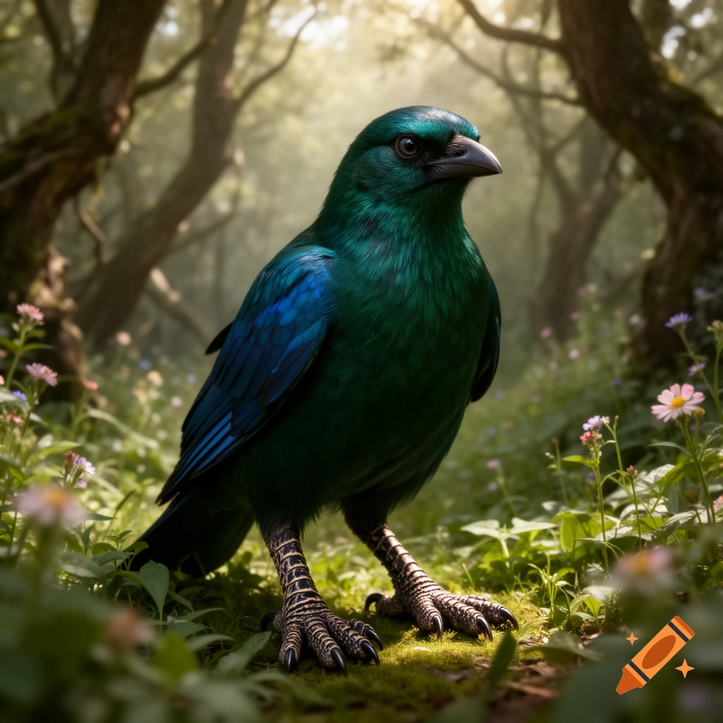 A photorealistic green and blue bird with cat-like paws textured like bird talons stands in a lush, sunlit forest.