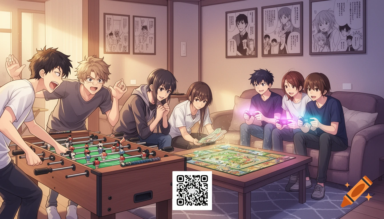 A group of anime-style young people playing games in a living room, with two playing foosball, two playing a board game, and three playing video games on a sofa. A QR code is visible on the table.
