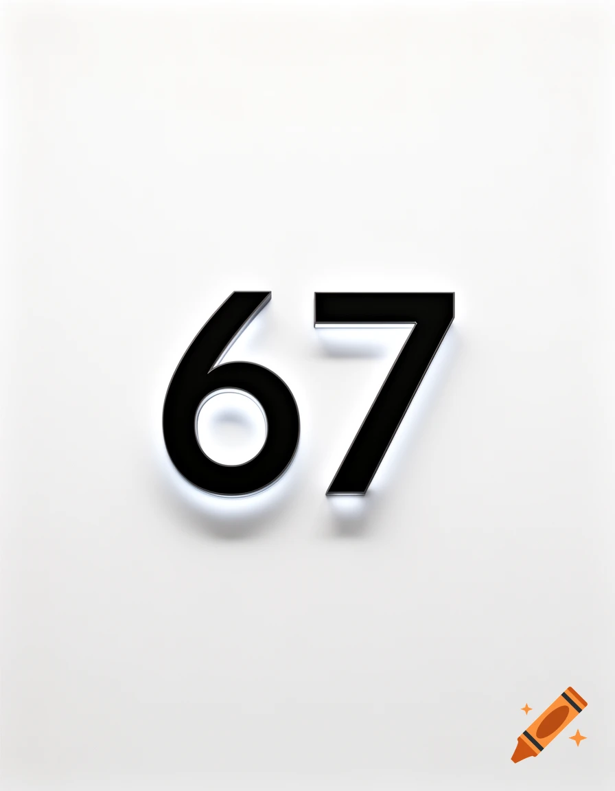 Black 3D numbers 67 with a subtle white glow on a clean white background.