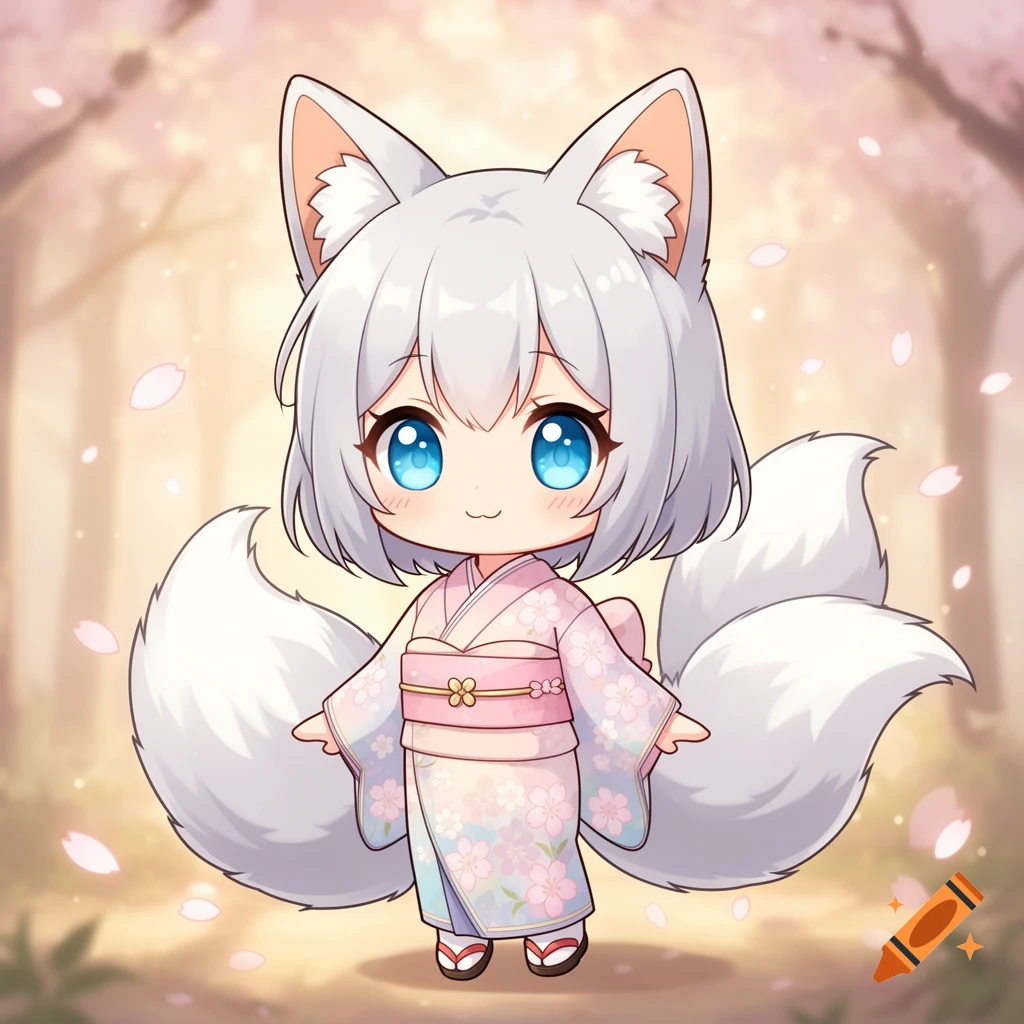 Cute chibi anime white kitsune-girl with fox ears and multiple tails, wearing a pink cherry blossom kimono, standing under falling petals.