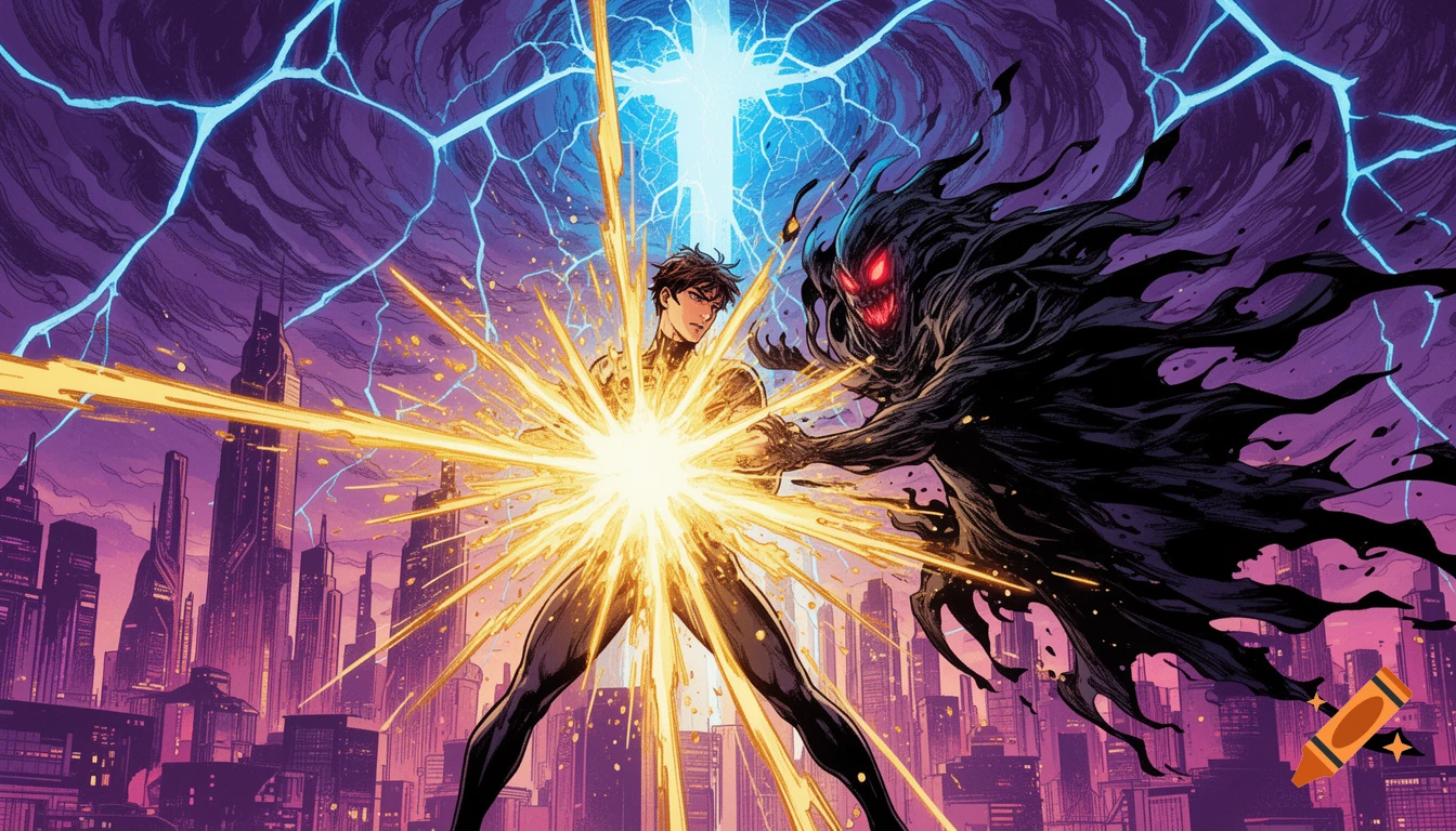A young superhero unleashes a golden energy blast at a red-eyed phantom villain in a futuristic city under a stormy purple sky, comic book style.
