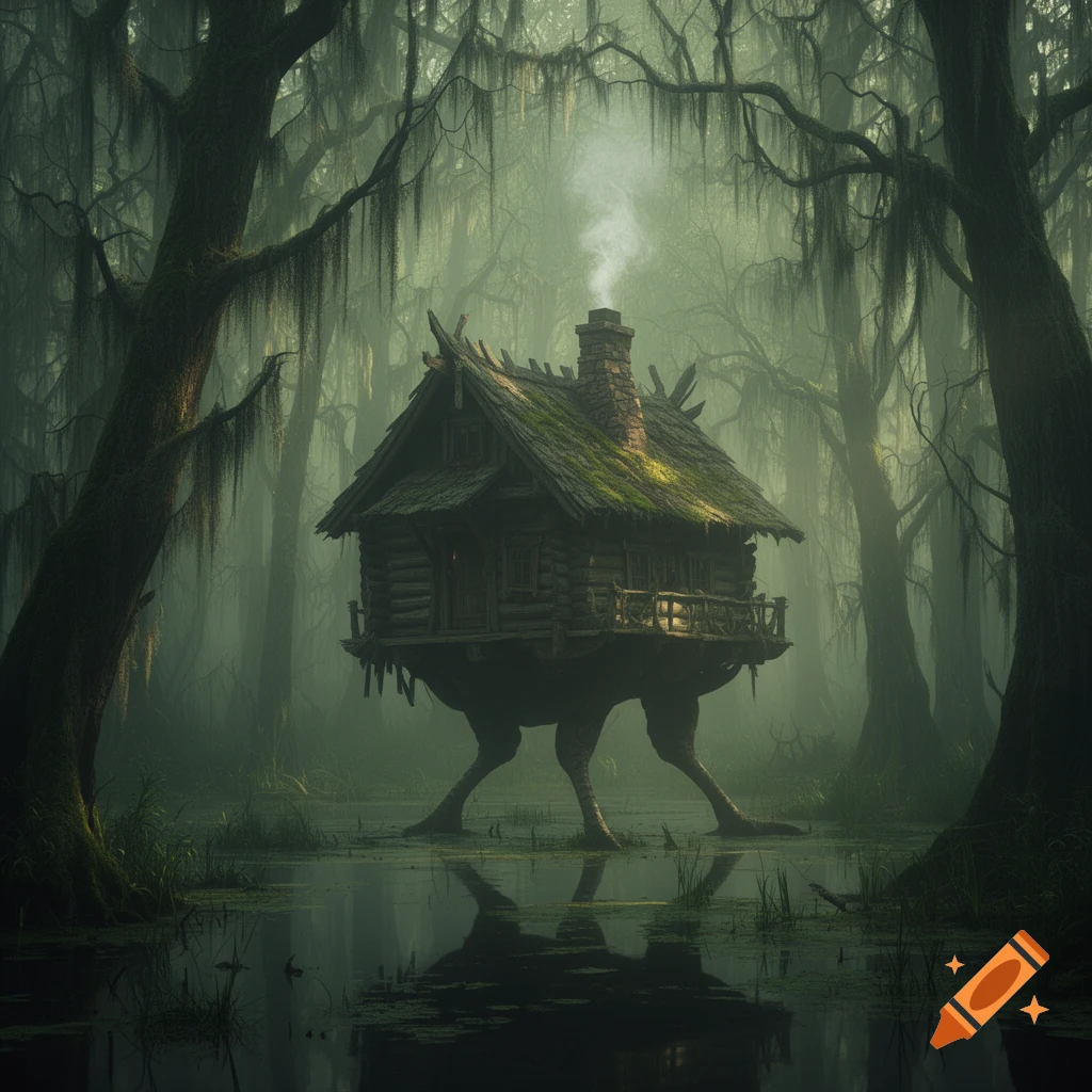 An eerie Baba Yaga's hut on chicken legs stands in a dark, misty swamp with moss-draped trees.